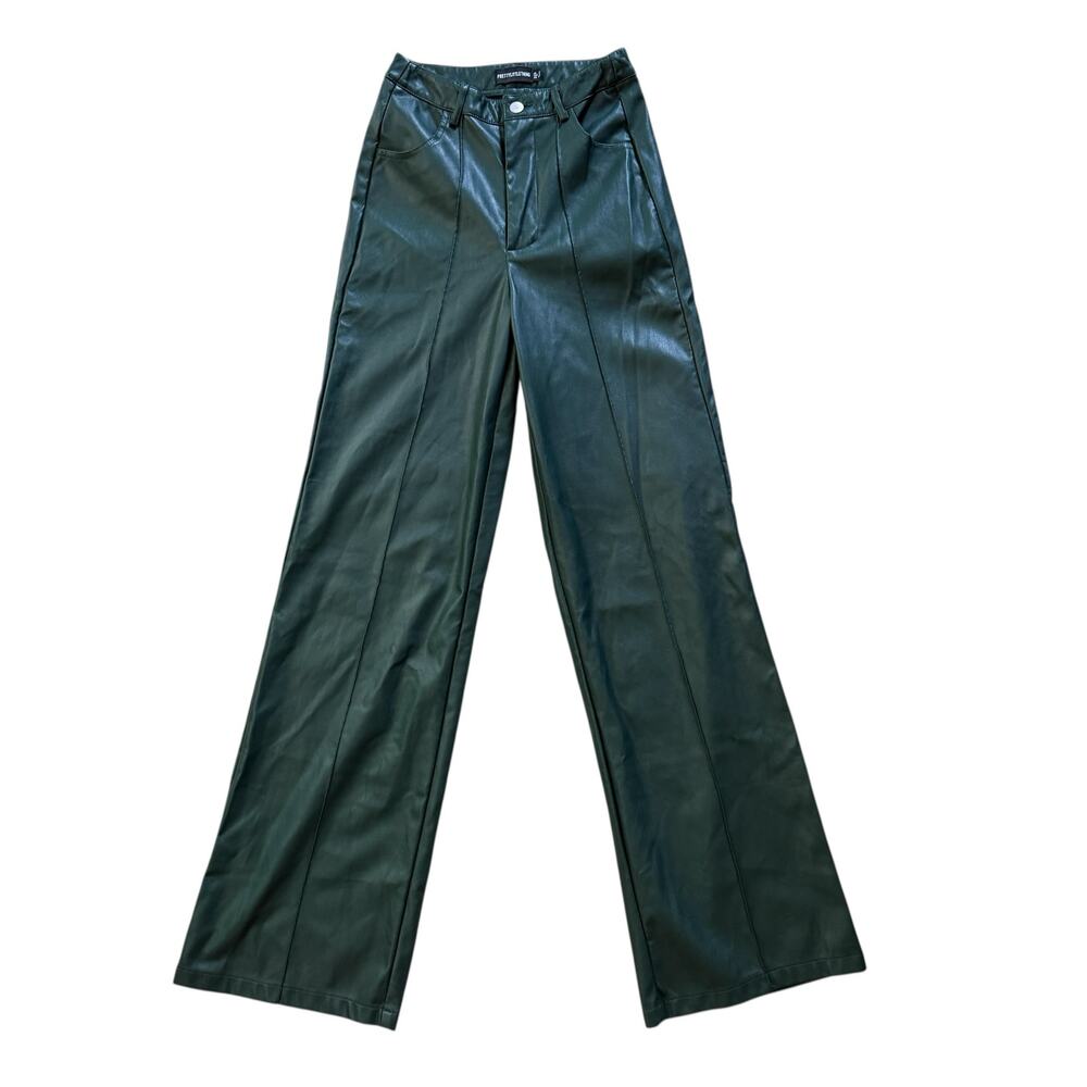 PrettyLittleThing Green Faux Leather Wide Leg Pants High Waist Streetwear Edgy